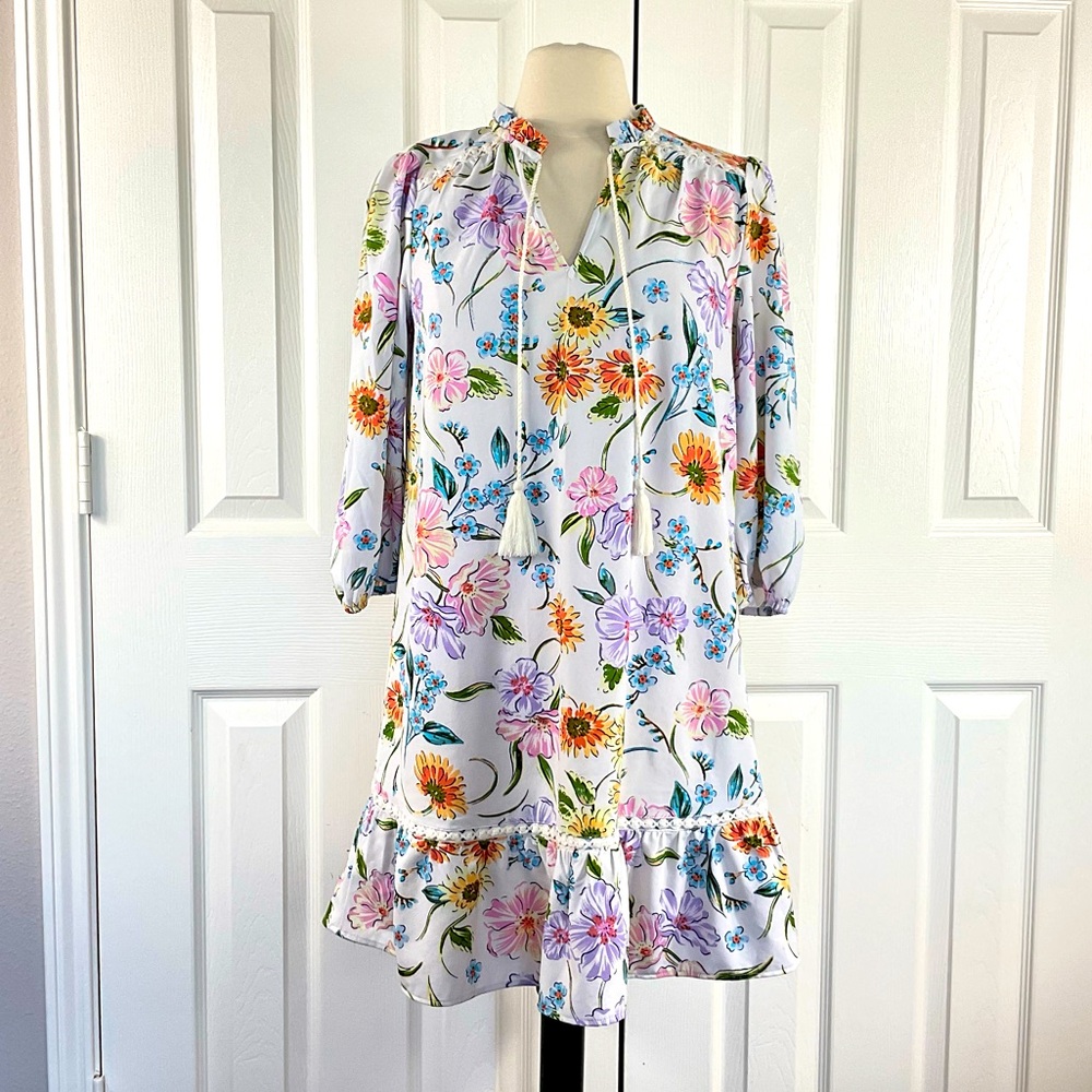 Crown & Ivy White Floral Dress, Size S, Lace, Ruffles, Tassels, Scandi Girl